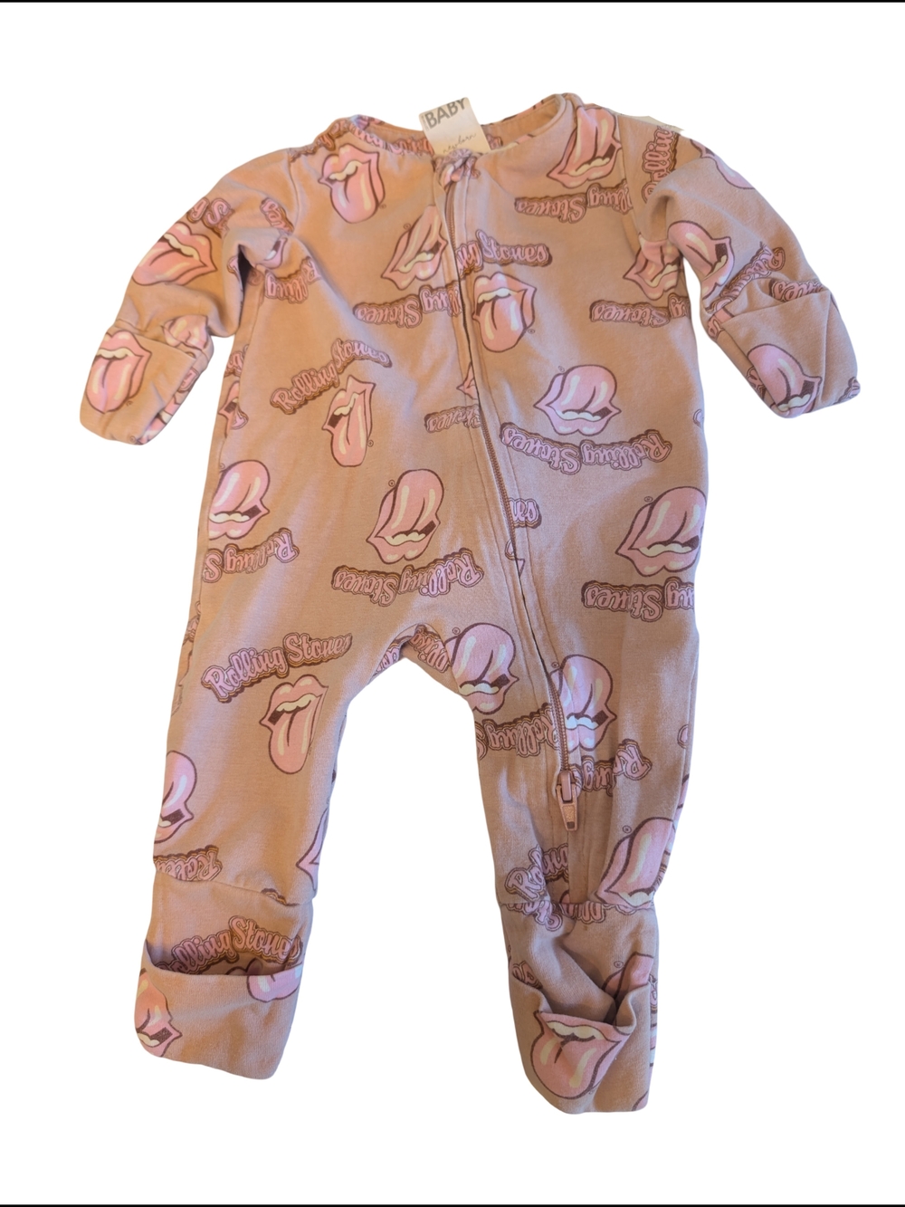 the Rolling Stones Pink Allover Tongue Print Footed One-Piece